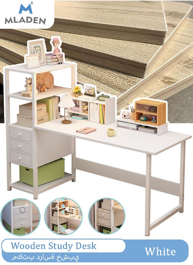 MLADEN - MLADEN Wooden Study Desk with Storage Drawer Writing Desk Table with Storage Drawer Book Shelf and Hutch for Home Use Computer Desk  Kids Desk White - Image 1