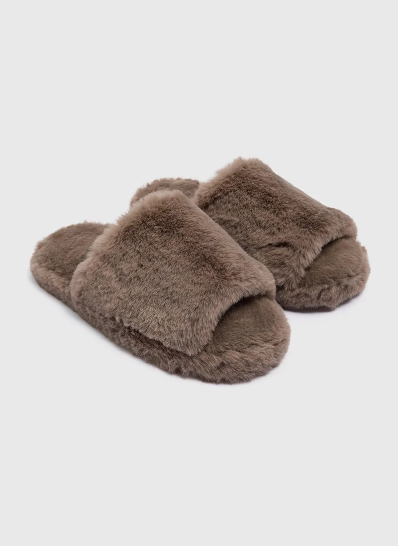 Matalan Grey Faux Fur Platform Slide Slippers