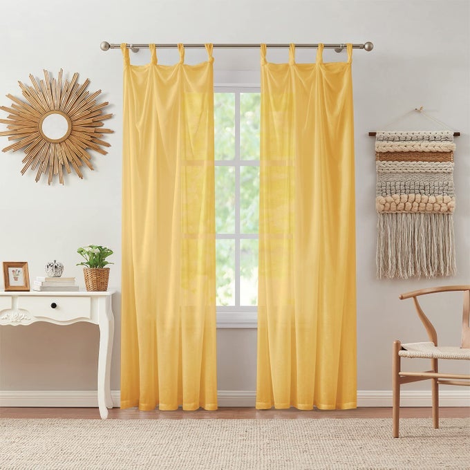 CURTAIN SHEER CURTAIN PANEL WINDOW TREATMENT WITH TIE TOP DORM ESSENTIALS KNOTTED LOOPS DESIGN BOHO INSPIRED HOME DECOR MIA COLLECTION YELLOW 70 X 84