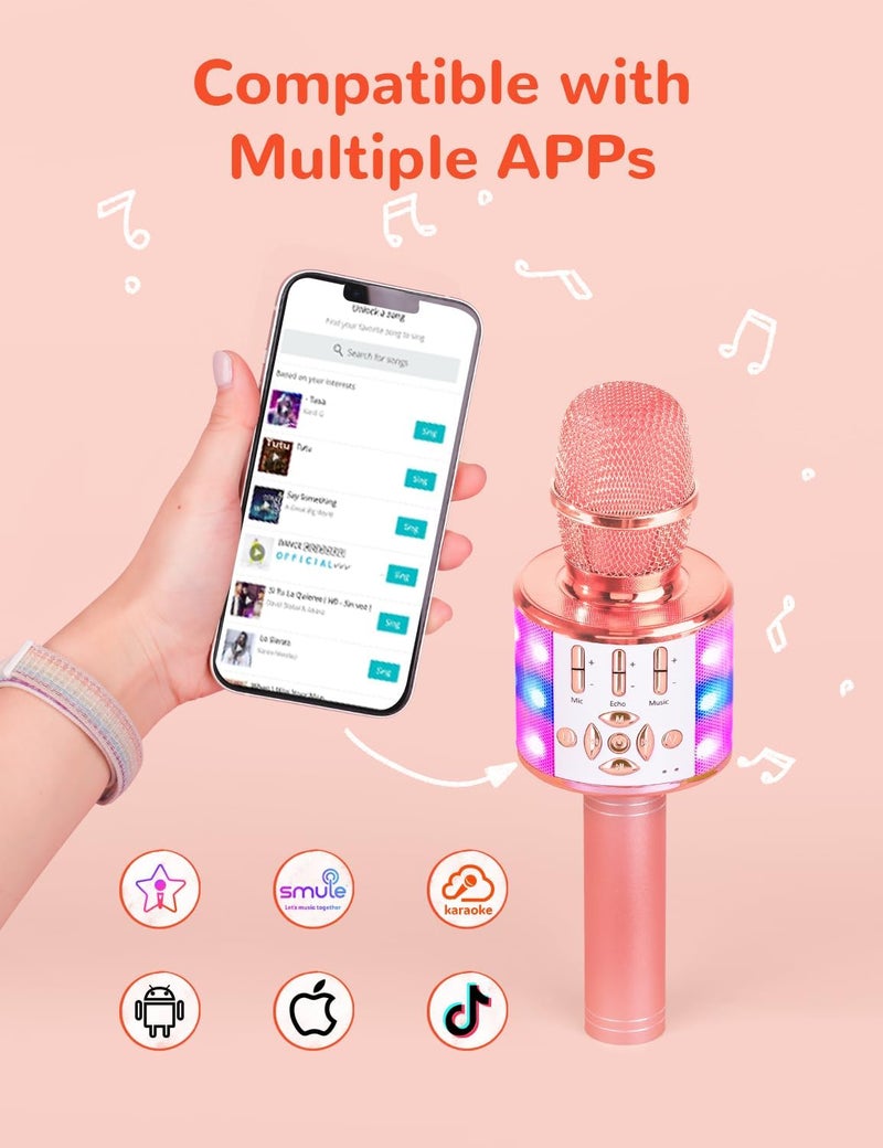 Amazmic Karaoke Microphone for Adults, Wireless Bluetooth Microphone for Singing Portable Karaoke Machine Handheld with LED Lights, Gift for Kids Adults Birthday Party, Home KTV(Rose Gold) - Image 2