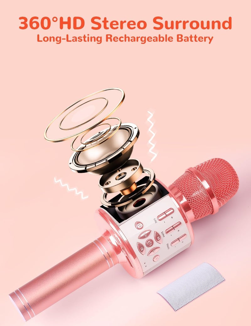 Amazmic Karaoke Microphone for Adults, Wireless Bluetooth Microphone for Singing Portable Karaoke Machine Handheld with LED Lights, Gift for Kids Adults Birthday Party, Home KTV(Rose Gold) - Image 1