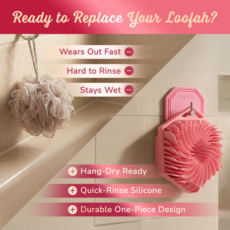 SILKLE Silicone Body Scrubber â€“ Gentle Exfoliating Shower Scrubber for Body & Bath, Silicone Shower Brush & Loofah Alternative â€“ Non-Slip Silicone Body Brush, Quick Dry, Hygienic - Pink - Image 3
