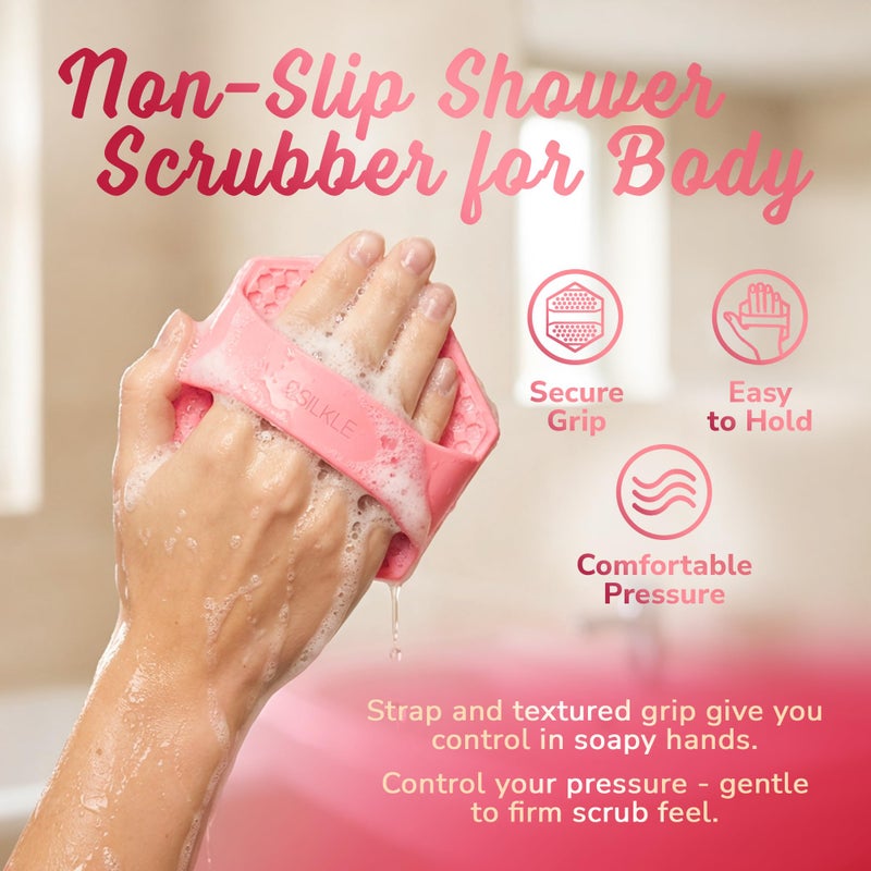 SILKLE Silicone Body Scrubber â€“ Gentle Exfoliating Shower Scrubber for Body & Bath, Silicone Shower Brush & Loofah Alternative â€“ Non-Slip Silicone Body Brush, Quick Dry, Hygienic - Pink - Image 4