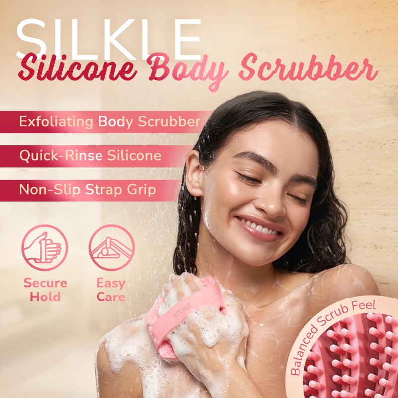 SILKLE Silicone Body Scrubber â€“ Gentle Exfoliating Shower Scrubber for Body & Bath, Silicone Shower Brush & Loofah Alternative â€“ Non-Slip Silicone Body Brush, Quick Dry, Hygienic - Pink - Image 2