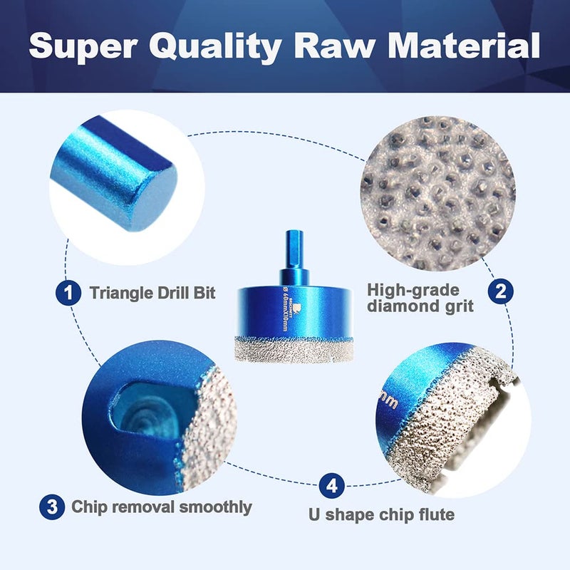BRSCHNITT Dry Diamond Core Drill Bit Set,BRSCHNITT 2 3/8 Inch (60mm) Diamond Hole Saw Core Drill Bit with Triangle Shank for Porcelain Tile Ceramic Stone Granite Marble - Image 4