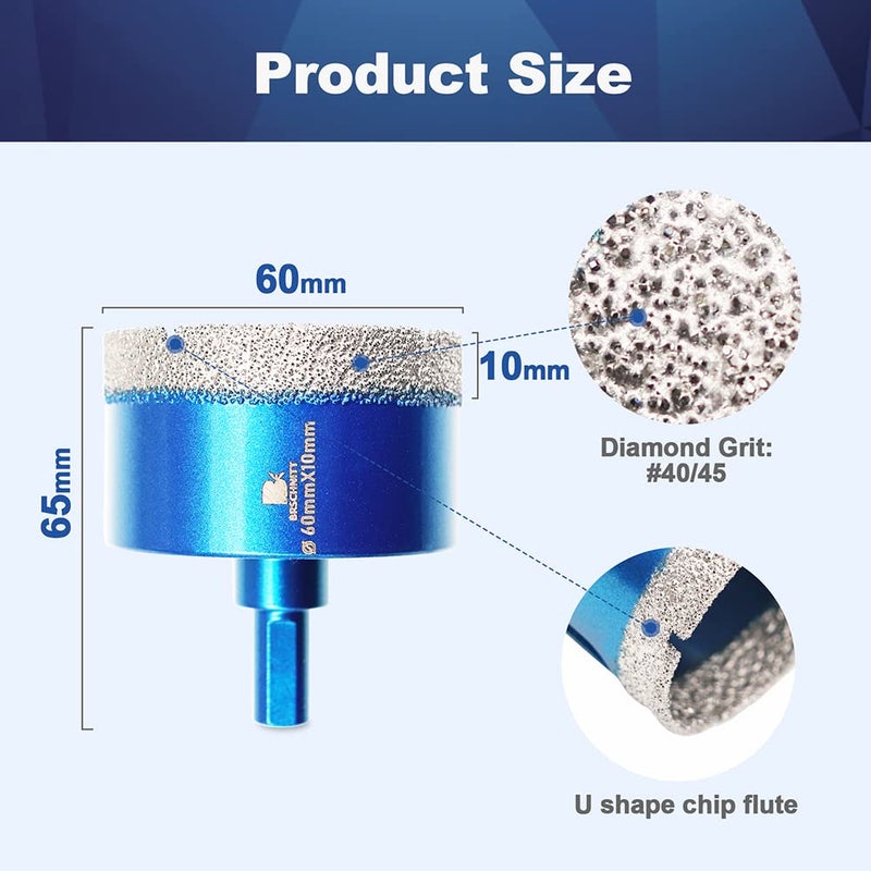 BRSCHNITT Dry Diamond Core Drill Bit Set,BRSCHNITT 2 3/8 Inch (60mm) Diamond Hole Saw Core Drill Bit with Triangle Shank for Porcelain Tile Ceramic Stone Granite Marble - Image 2