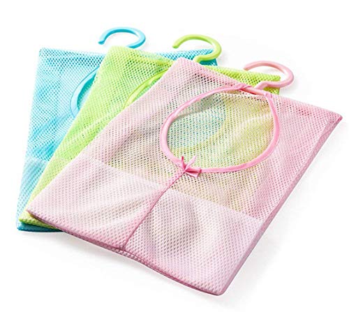 DurReus Multipurpose Clothespin Bag with Hanger Pink Blue Green Hanging Mesh Drying Bag Laundry Shower Caddy Kitchen Bathroom Storage Organizer 3 Pack - Image 2