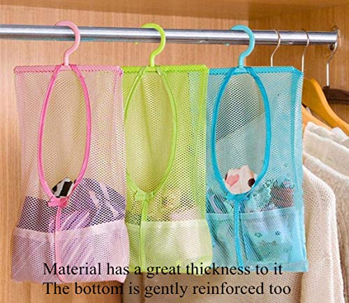 DurReus Multipurpose Clothespin Bag with Hanger Pink Blue Green Hanging Mesh Drying Bag Laundry Shower Caddy Kitchen Bathroom Storage Organizer 3 Pack - Image 1