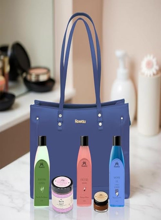 روزيتا مجموعة هدايا روزيتا للعناية بالبشرة الفاخرة مع حقيبة حمل - جل استحمام، لوشن الصبار، جل الوجه بخلاصة النبيذ الأحمر، ملح استحمام بخلاصة الورد، مرطب شفاه بخلاصة الكاكاو - مجموعة تدليل 5 في 1 للنساء - أزرق ملكي - Image 2