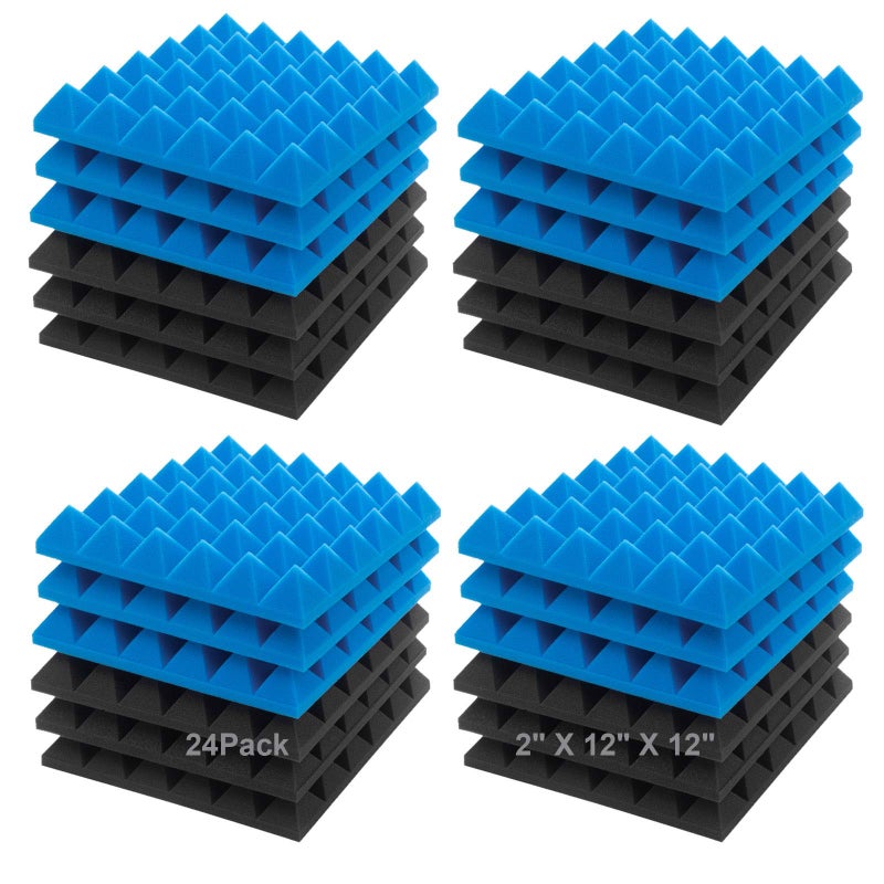 JBER Acoustic Sound Foam Panels 24 Pack 2 X 12 X 12 Blue and Black Soundproofing Treatment Studio Wall Padding Sound Absorbing Fireproof Pyramid Acoustic Treatment
