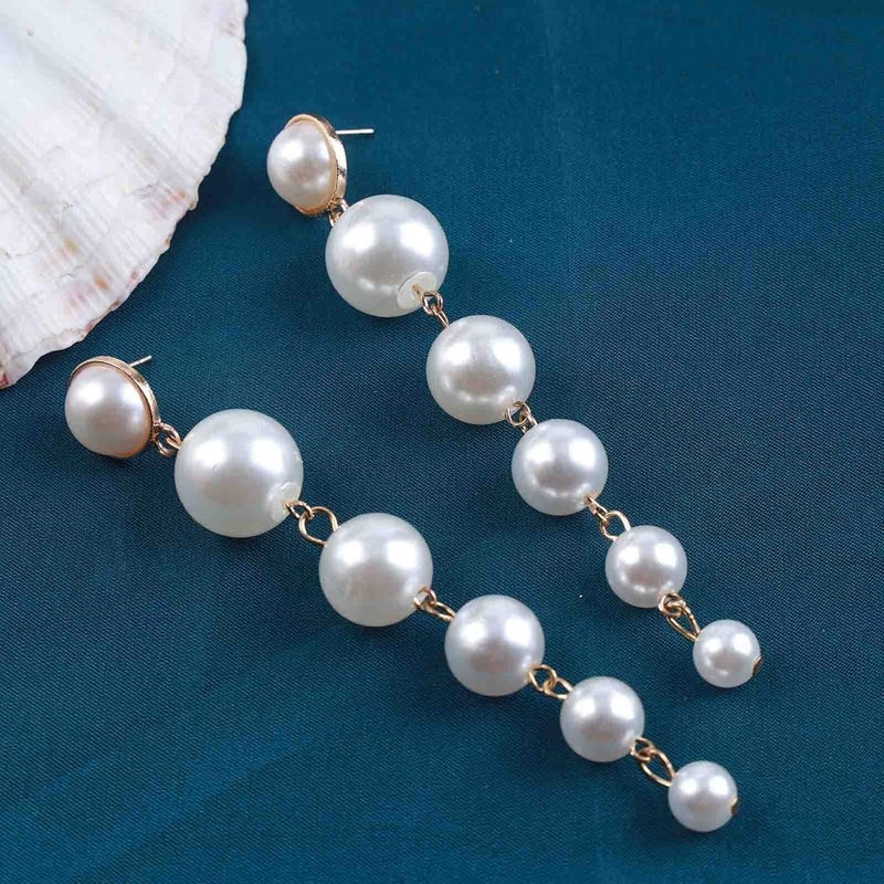 HANNEA® Earrings for Women, Stylish Pearl Dangle Earrings, 4.13 inch Long Acrylic White Pearl Drop Earrings, Bold Statement Jewelry for Elegant and Trendy Looks - Image 2
