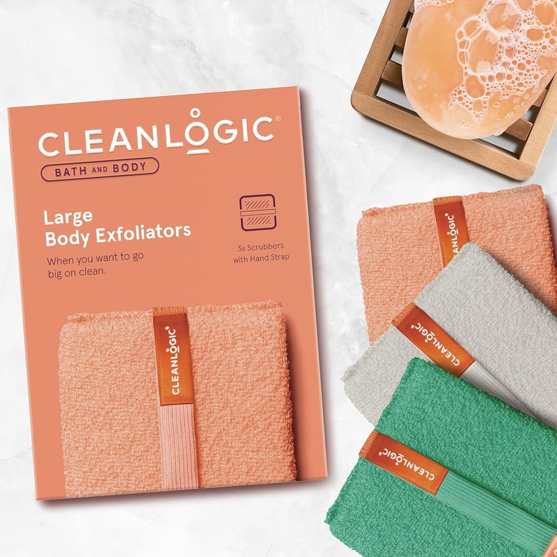 Clean Logic Bath and Body Exfoliating Body Scrubber, Large Exfoliator Tool for Smooth and Softer Skin, Daily Skincare Routine, Assorted Colors, 3 Count Value Pack - Image 2