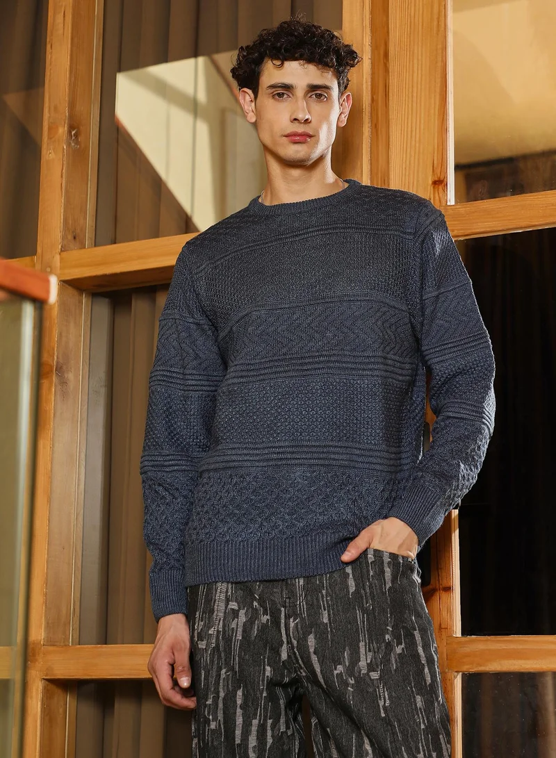 كامبوس سوترا كنزة رجالية محبوكة جاكار بياقة مستديرة وأكمام مضلعة