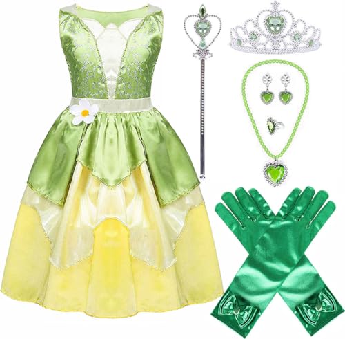 Yosbabe Princess Tiana Dress for Girls Green Fairy Frog Birthday Party Fancy Dresses Halloween Elf Costume Outfits with Accessories 56T - Image 1