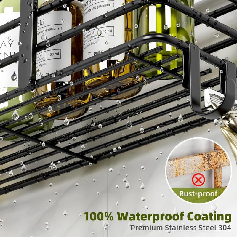 JIALTO Bathroom Organiser Without Drill Set of 2 | Self Adhesive Bathroom Shelf Wall Mounted | SUS 304 Stainless Steel Shower Caddy for Bathroom & Kitchen–Black - Image 4
