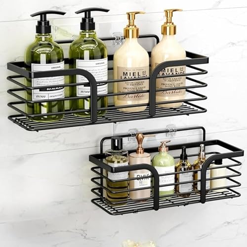 JIALTO Bathroom Organiser Without Drill Set of 2 | Self Adhesive Bathroom Shelf Wall Mounted | SUS 304 Stainless Steel Shower Caddy for Bathroom & Kitchen–Black - Image 1