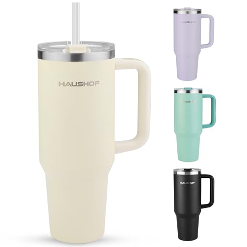 HAUSHOF 40 oz Tumbler with Handle and Straw Insulated Stainless Steel Coffee Tumbler with Tritan Lid Double Walled Travel Mug Water Bottle Cup Large Tumbler for Hot and Cold Drinks - Image 1