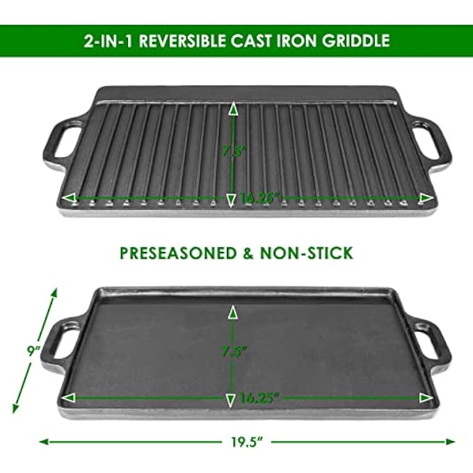ProSource 2In1 Reversible 195 X 9 Cast Iron Griddle With Handles Preseasoned  NonStick For Gas Stovetop Oven And Open Fire - Image 2