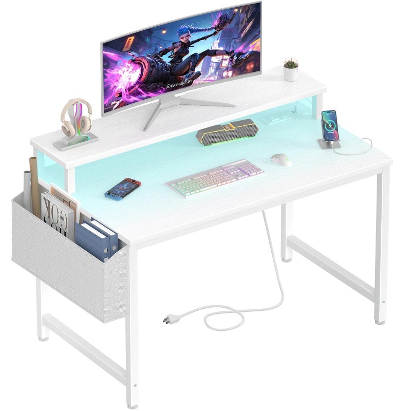 Lufeiya Small White Desk with LED Lights and Power Outlets, 32 Inch Home Office Computer Desks with Monitor Stand, Teen Writing Study Table Gaming Desk with Charging Station, White - Image 1
