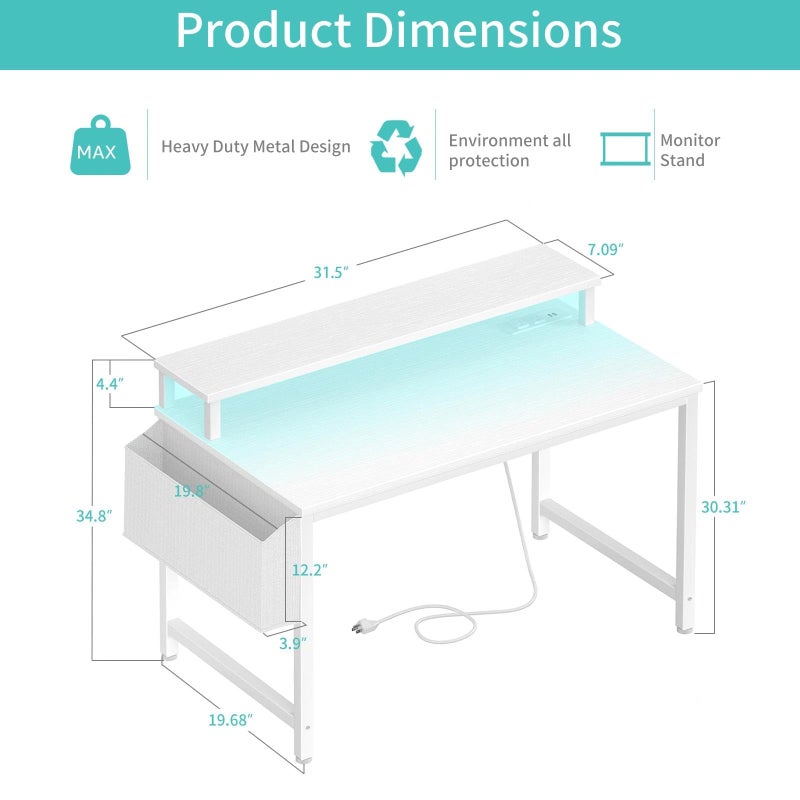 Lufeiya Small White Desk with LED Lights and Power Outlets, 32 Inch Home Office Computer Desks with Monitor Stand, Teen Writing Study Table Gaming Desk with Charging Station, White - Image 3