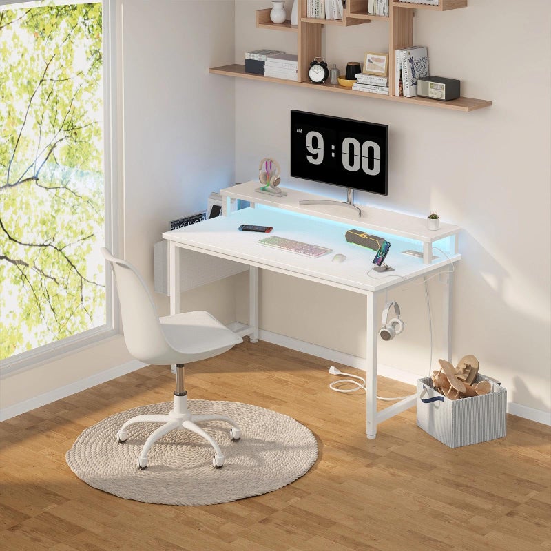 Lufeiya Small White Desk with LED Lights and Power Outlets, 32 Inch Home Office Computer Desks with Monitor Stand, Teen Writing Study Table Gaming Desk with Charging Station, White - Image 2