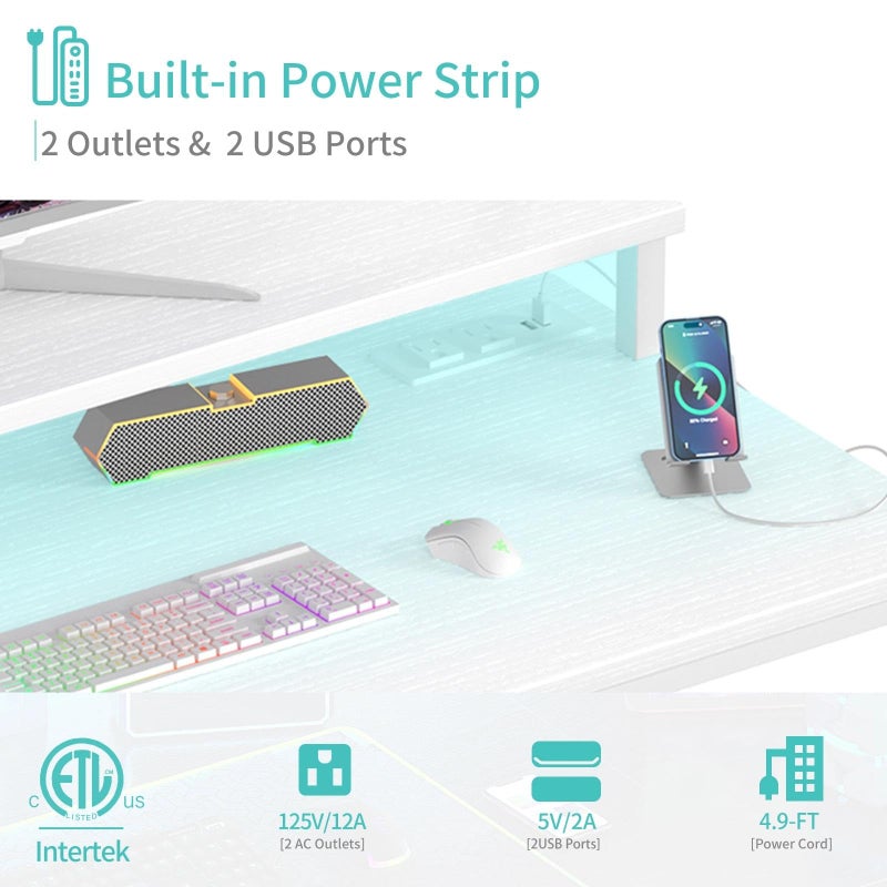 Lufeiya Small White Desk with LED Lights and Power Outlets, 32 Inch Home Office Computer Desks with Monitor Stand, Teen Writing Study Table Gaming Desk with Charging Station, White - Image 5