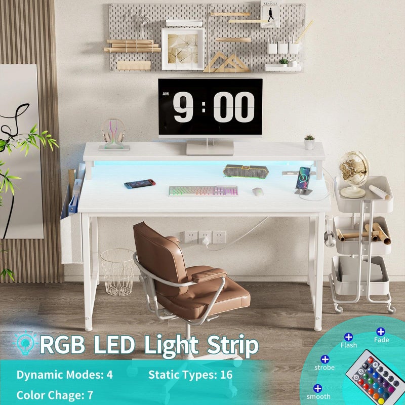 Lufeiya Small White Desk with LED Lights and Power Outlets, 32 Inch Home Office Computer Desks with Monitor Stand, Teen Writing Study Table Gaming Desk with Charging Station, White - Image 4