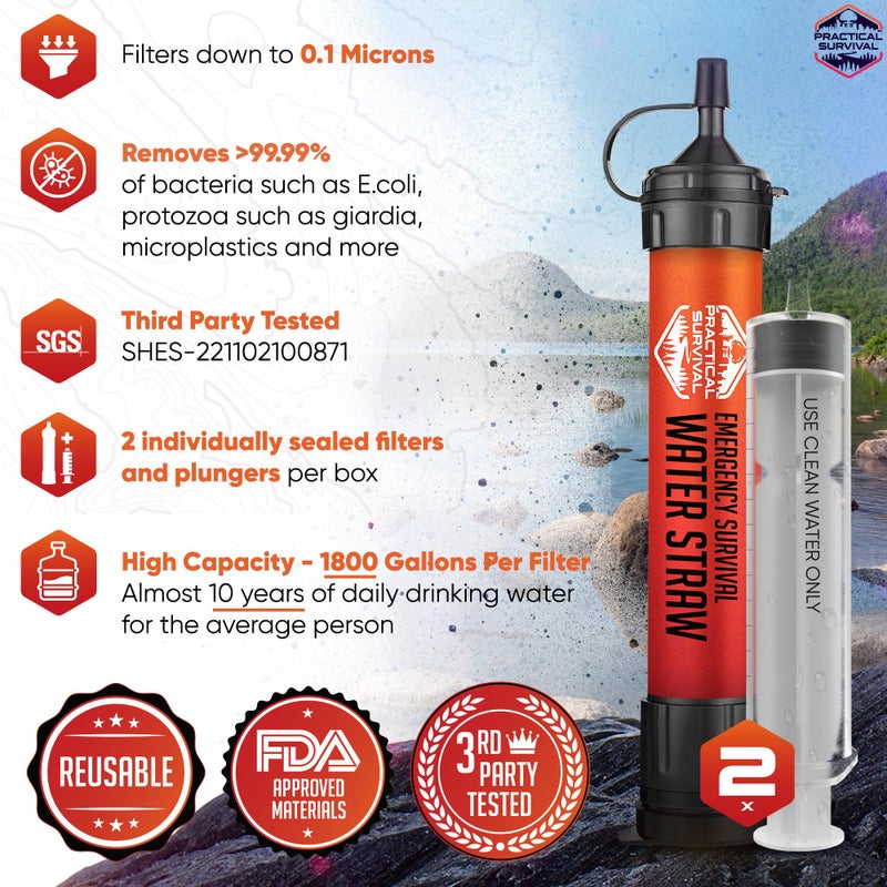 Practical Survival 2 High-Capacity Emergency Water Straws â€“ Lightweight, Reusable, 1800-Gallon Filters for Camping, Hiking, Travel, Biking, Survival, and Emergencies. No Expiration Date, Perfect for Preparedness - Image 2