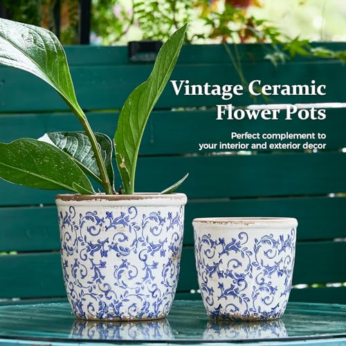 Teweiqi Vintage Ceramic Planter with Drainage Hole, Plastic Tray & Mesh, 5.5 Inch - Indoor/Outdoor Flower Pot, Blue Floral Rustic Farmhouse Design Plant pot for Home, Office & Garden Décor, Ideal Gift - Image 4