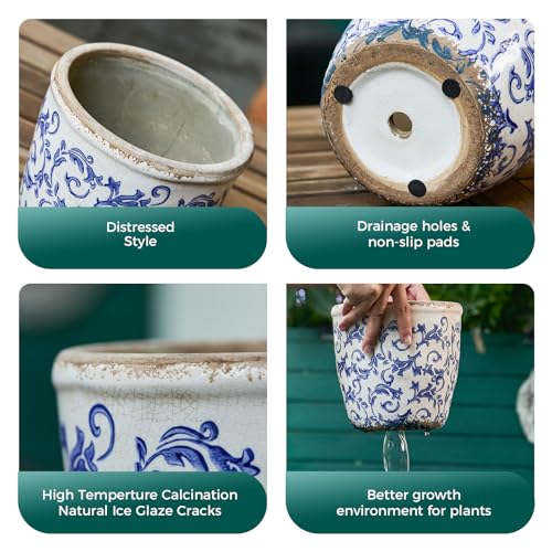 Teweiqi Vintage Ceramic Planter with Drainage Hole, Plastic Tray & Mesh, 5.5 Inch - Indoor/Outdoor Flower Pot, Blue Floral Rustic Farmhouse Design Plant pot for Home, Office & Garden Décor, Ideal Gift - Image 5