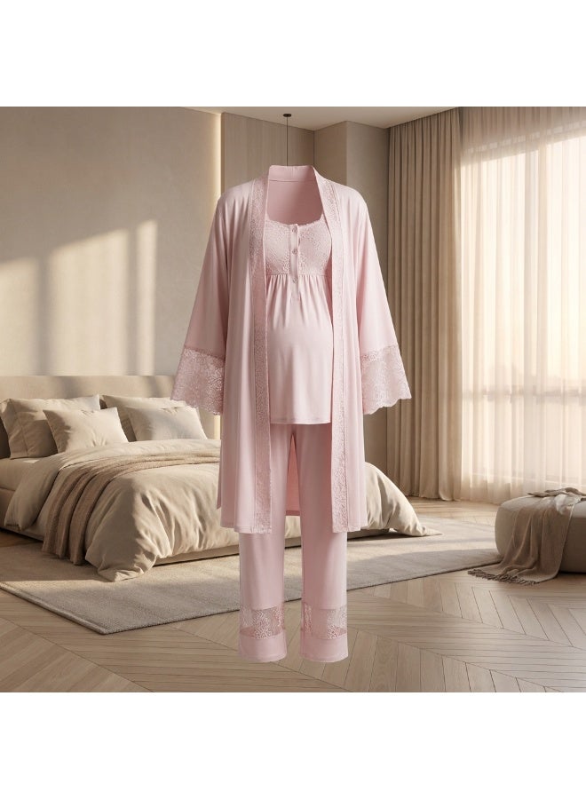 LADY 3-Piece Maternity & Nursing Pajama Set with Robe - Turkish Cotton Long Sleeve Sleepwear with Elegant Lace Details - Image 1