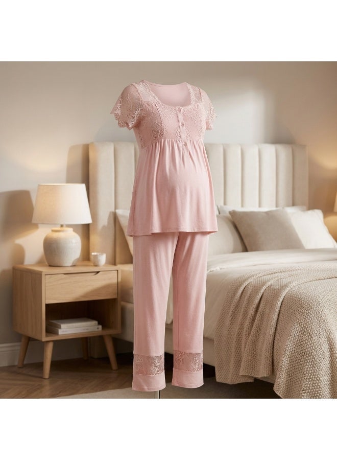 LADY 3-Piece Maternity & Nursing Pajama Set with Robe - Turkish Cotton Long Sleeve Sleepwear with Elegant Lace Details - Image 2