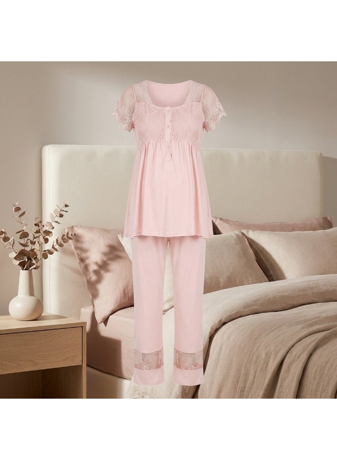 LADY 3-Piece Maternity & Nursing Pajama Set with Robe - Turkish Cotton Long Sleeve Sleepwear with Elegant Lace Details - Image 3