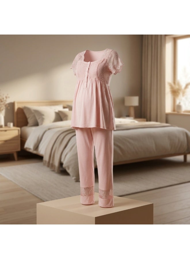 LADY 3-Piece Maternity & Nursing Pajama Set with Robe - Turkish Cotton Long Sleeve Sleepwear with Elegant Lace Details - Image 4