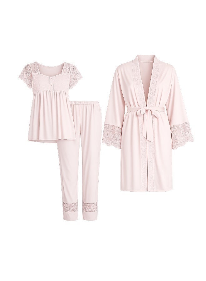 LADY 3-Piece Maternity & Nursing Pajama Set with Robe - Turkish Cotton Long Sleeve Sleepwear with Elegant Lace Details - Image 5