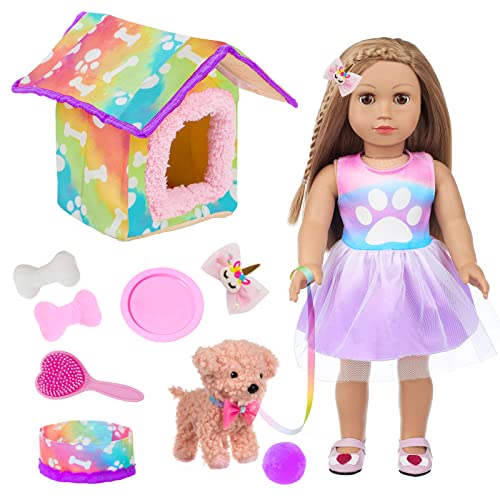 DOTVOSY American 18 Inch Dolls Clothes and Accessories Pets Dog Play Sets for 18 Doll Included DressPets Dogpet Nest Toy Ball Hair Comb - Image 1