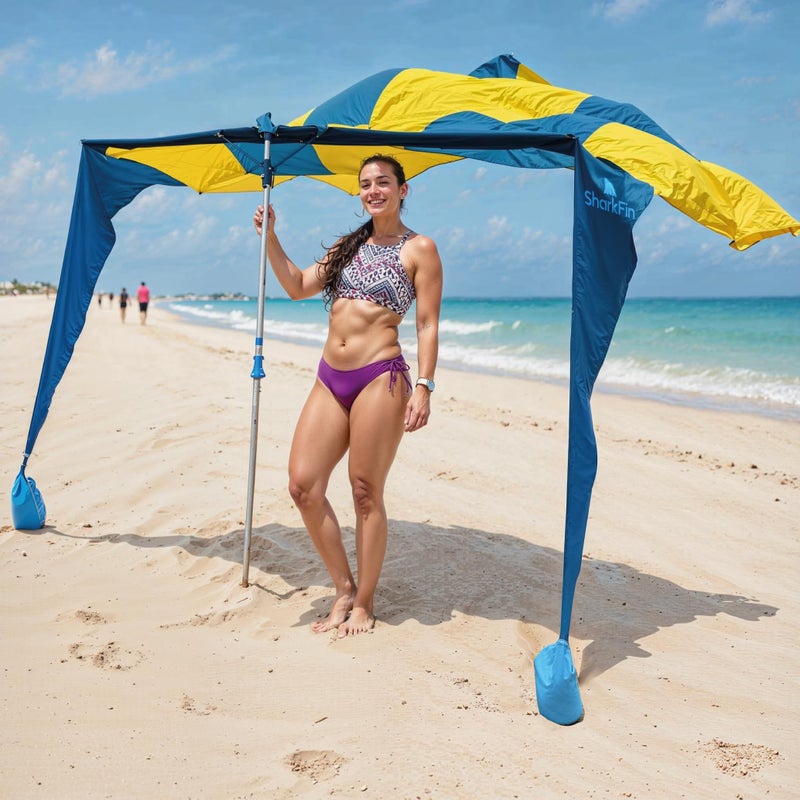 EasyGoProducts Shark FIN Shade Beach Tent Wind Sun Canopy Portable Easy Set Up UPF 50+ No Assembly Required 3-30 MPH - 1 to 8 People - Tie Downs Included - 2 Sizes Large 9' X 10' & Giant 13.5' X 10' PATENTS Pending - Image 3