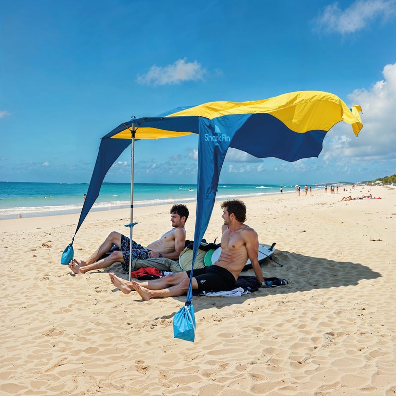 EasyGoProducts Shark FIN Shade Beach Tent Wind Sun Canopy Portable Easy Set Up UPF 50+ No Assembly Required 3-30 MPH - 1 to 8 People - Tie Downs Included - 2 Sizes Large 9' X 10' & Giant 13.5' X 10' PATENTS Pending - Image 2