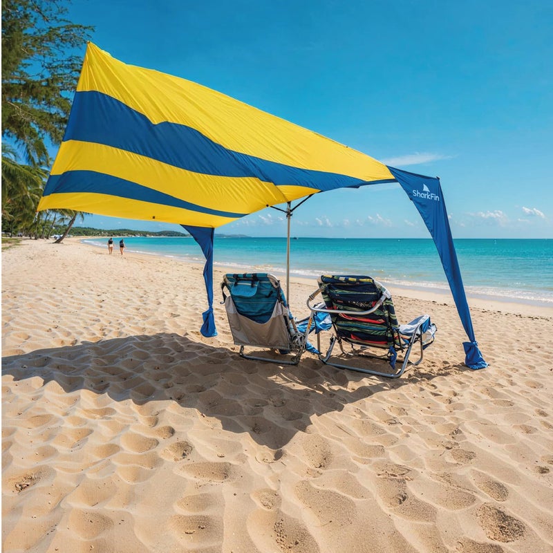 EasyGoProducts Shark FIN Shade Beach Tent Wind Sun Canopy Portable Easy Set Up UPF 50+ No Assembly Required 3-30 MPH - 1 to 8 People - Tie Downs Included - 2 Sizes Large 9' X 10' & Giant 13.5' X 10' PATENTS Pending - Image 1