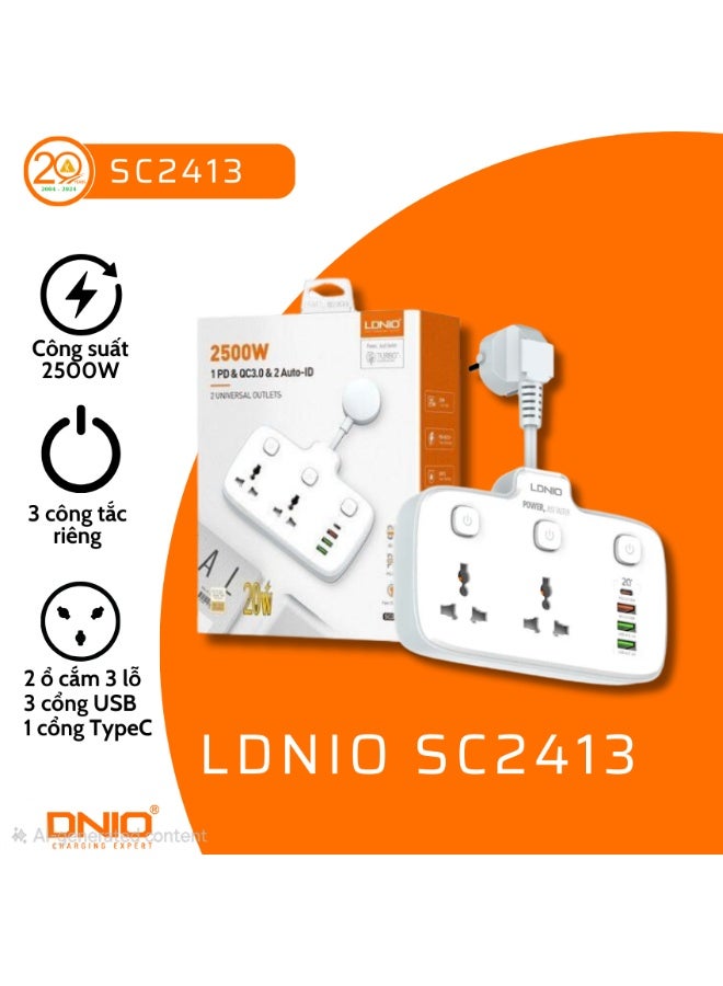 Ldino Multi Plug Adaptor, 2 Way Plugs Extension Multi Sockets Wall Charger Adapter with 1 PD & 1 QC3.0 And 2 Auto I'D Ports, 2500W Power Socket for Home, Office And More - Image 3