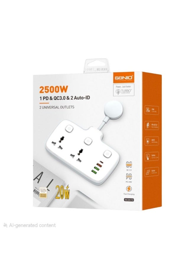 Ldino Multi Plug Adaptor, 2 Way Plugs Extension Multi Sockets Wall Charger Adapter with 1 PD & 1 QC3.0 And 2 Auto I'D Ports, 2500W Power Socket for Home, Office And More - Image 1