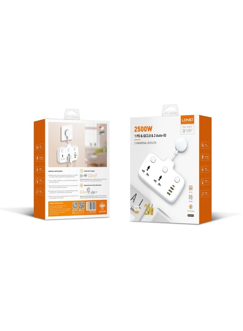 Ldino Multi Plug Adaptor, 2 Way Plugs Extension Multi Sockets Wall Charger Adapter with 1 PD & 1 QC3.0 And 2 Auto I'D Ports, 2500W Power Socket for Home, Office And More - Image 2