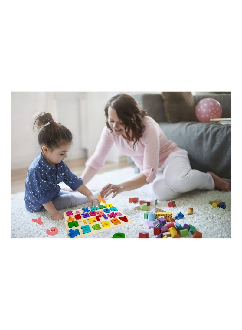 Alphabet Puzzle, Wooden Puzzles for Toddlers 1 2 3 4 Year Old, ABC Puzzle Shape Alphabet Toys with Puzzle Board and Letter Blocks, Preschool Educational Learning Toys Gift for Girls Boys
