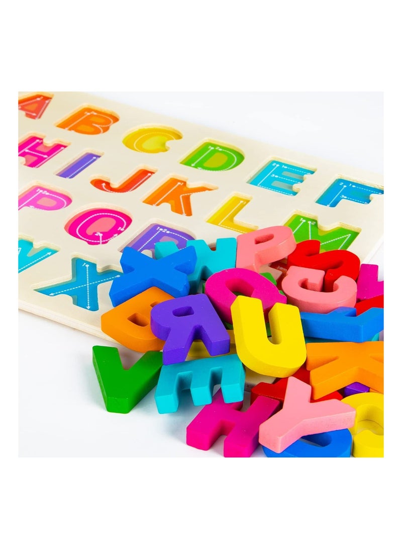 Alphabet Puzzle, Wooden Puzzles for Toddlers 1 2 3 4 Year Old, ABC Puzzle Shape Alphabet Toys with Puzzle Board and Letter Blocks, Preschool Educational Learning Toys Gift for Girls Boys
