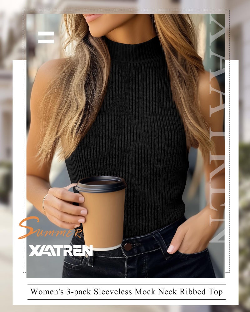 Xaatren 3 Pack Women's Sleeveless Mock Turtlenecks Shirts, Ribbed Stretch Slim Fitted Tank Top Basic Lightweight Bustier Tee(Black, White, Brown,Large) - Image 5