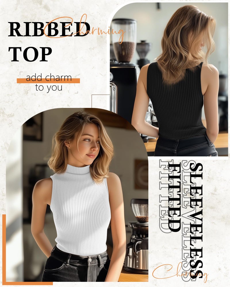 Xaatren 3 Pack Women's Sleeveless Mock Turtlenecks Shirts, Ribbed Stretch Slim Fitted Tank Top Basic Lightweight Bustier Tee(Black, White, Brown,Large) - Image 3