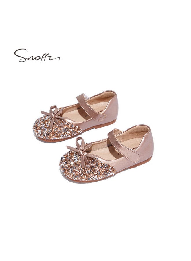Snoffy Sinafei Girls' Leather Shoes, Spring And Autumn Children's Crystal Shoes, Shiny Diamond Princess Shoes, Comfortable Soft-soled Flats For Little Girls, Rose Gold, Size 30 - Image 3