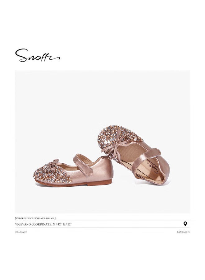 Snoffy Sinafei Girls' Leather Shoes, Spring And Autumn Children's Crystal Shoes, Shiny Diamond Princess Shoes, Comfortable Soft-soled Flats For Little Girls, Rose Gold, Size 30 - Image 1
