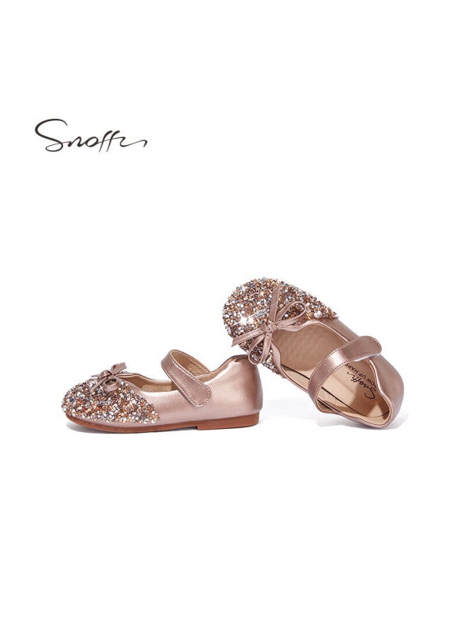 Snoffy Sinafei Girls' Leather Shoes, Spring And Autumn Children's Crystal Shoes, Shiny Diamond Princess Shoes, Comfortable Soft-soled Flats For Little Girls, Rose Gold, Size 30 - Image 4