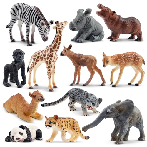 Toymany 12PCS Forest Animals Baby Figurines Realistic Woodland Animals Figures Toys Includes Elephant Mountain Lion Giraffe and Deer Cubs Cake Toppers Christmas Birthday Gift for Kids Toddlers - Image 1